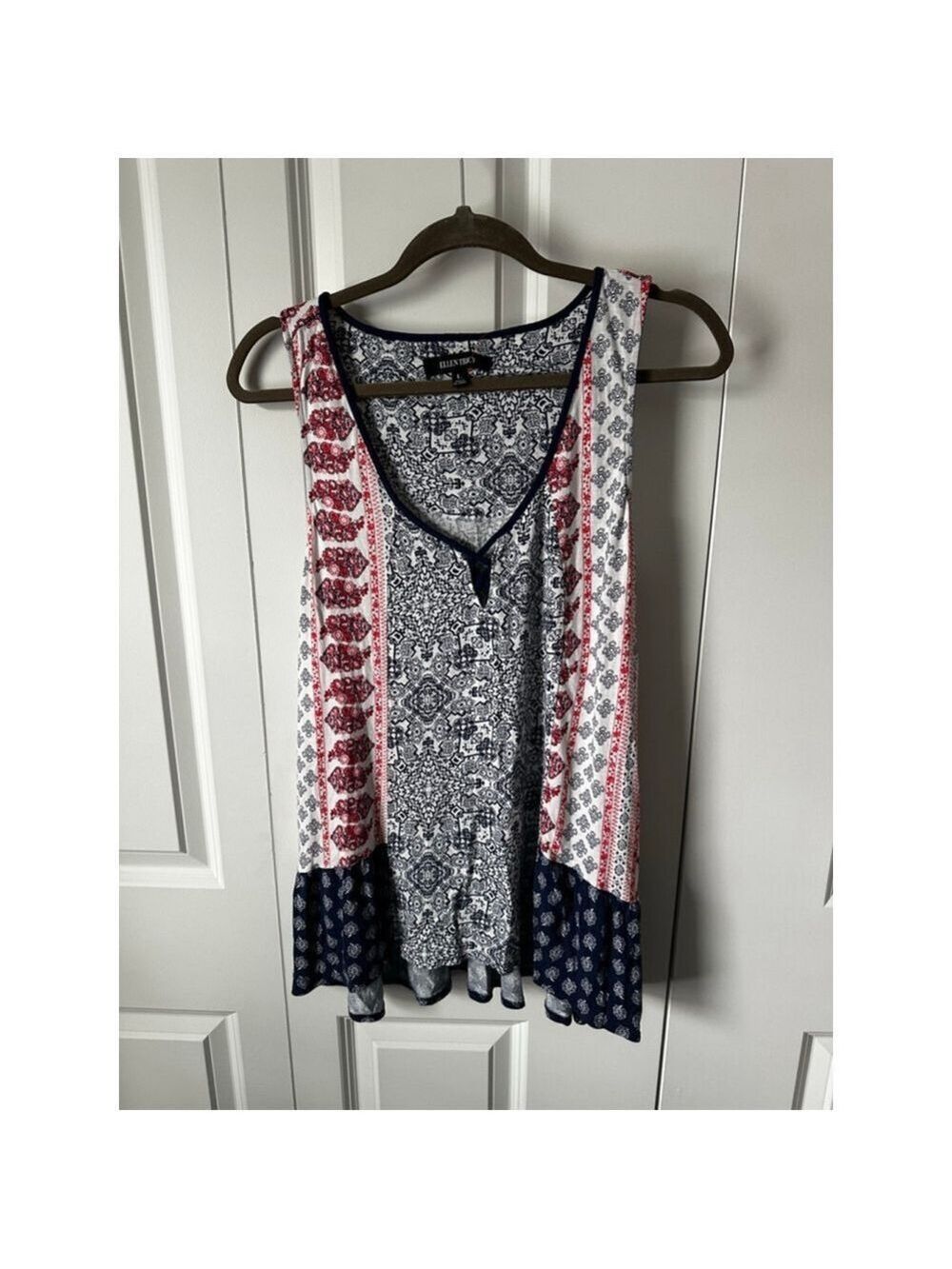 ELLEN TRACY Tank Top L White Navy Blue Red Patterned